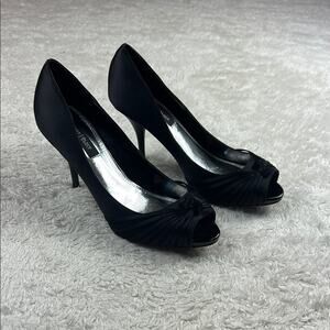 WHBL black satin peep toe heels, size 6.5
